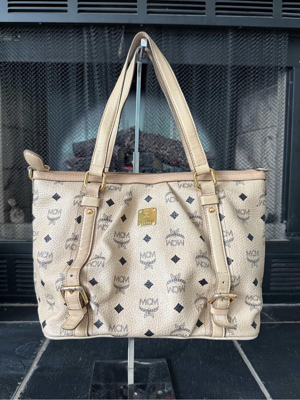 MCM Beige Monogram Canvas Tote with Gold-Tone Plaque with Sling